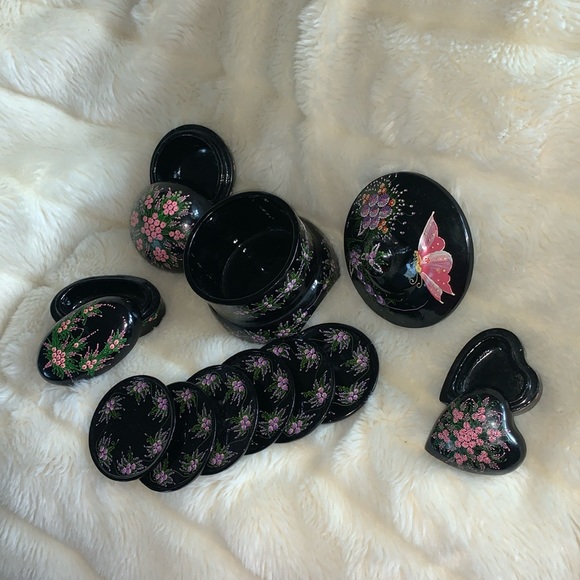 Vtg 70's hand painted black lacquered WOOD trinket box coaster set LOT - Picture 5 of 12